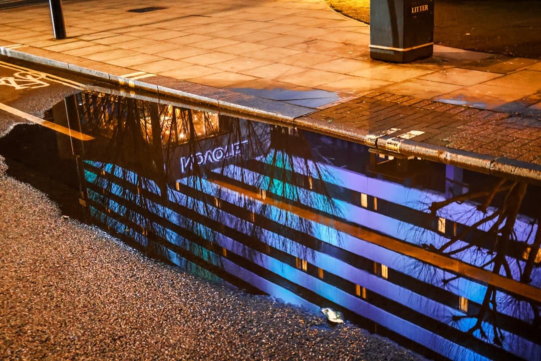 Building lights reflected in a wet street at night